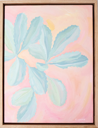 Turquoise banksia leaves on colourful pink background of organic brushstrokes