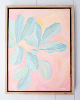 Turquoise banksia leaves on colourful pink background of organic brushstrokes