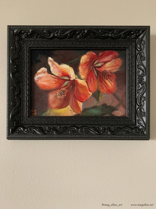 An oil painting with Two Orange flowering maple Blossoms painted with a dark background.