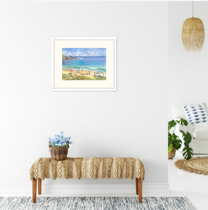 Watercolour painting of people enjoying a sunny day at Mollymook Beach