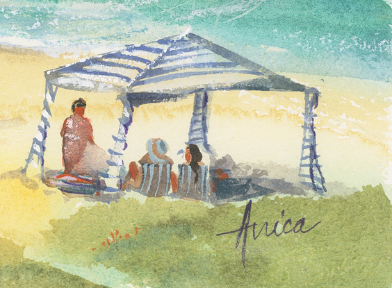 Watercolour painting of people enjoying a sunny day at Mollymook Beach