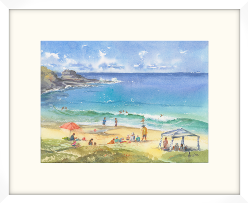 Watercolour painting of people enjoying a sunny day at Mollymook Beach