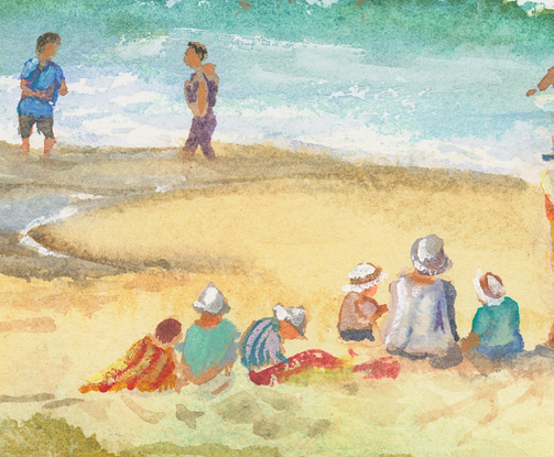 Watercolour painting of people enjoying a sunny day at Mollymook Beach