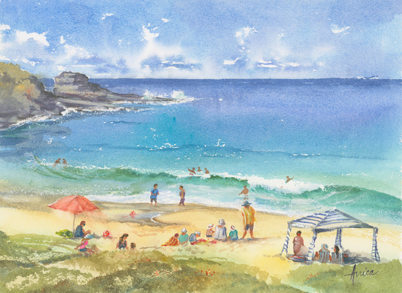 Watercolour painting of people enjoying a sunny day at Mollymook Beach