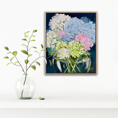  Still life  vase of Hydrangea flowers in glass vase.