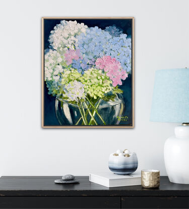  Still life  vase of Hydrangea flowers in glass vase.