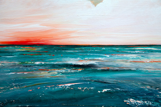 Abstract seascape in spring tones of yellow, orange blu  and teal with sunset in the horizon under a dramatic cloudy sky.