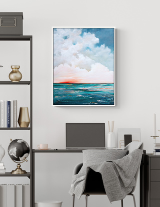 Abstract seascape in spring tones of yellow, orange blu  and teal with sunset in the horizon under a dramatic cloudy sky.