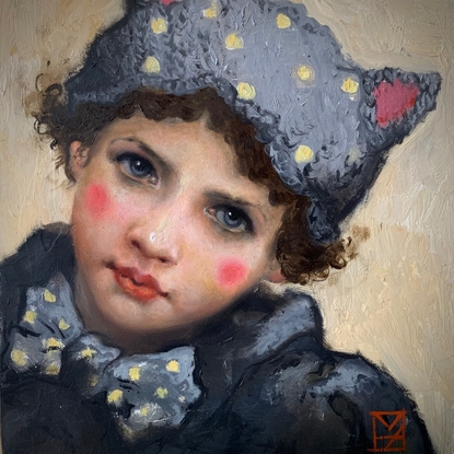 A curious young magician in a fluffy hat with cat ears. A small portrait study from imagination. 