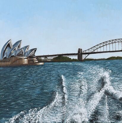 Sydney Opera House and Harbour bridge from the back of a Sydney Ferry