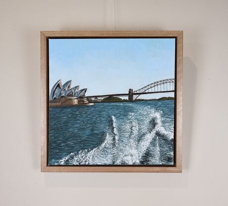 Sydney Opera House and Harbour bridge from the back of a Sydney Ferry