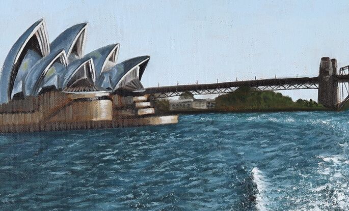 Sydney Opera House and Harbour bridge from the back of a Sydney Ferry