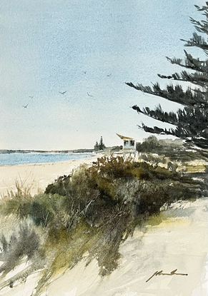 A beach scene on a clear sunny day. Beach scrub in the foreground and the ocean in the distance.