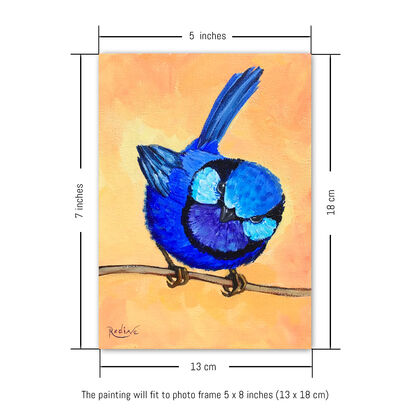 Splendid Fairy Wren bird original painting by Irina Redine. Australian bird small artwork framed and ready to hang, gift idea