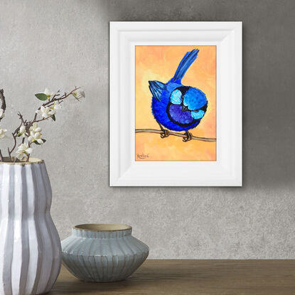 Splendid Fairy Wren bird original painting by Irina Redine. Australian bird small artwork framed and ready to hang, gift idea