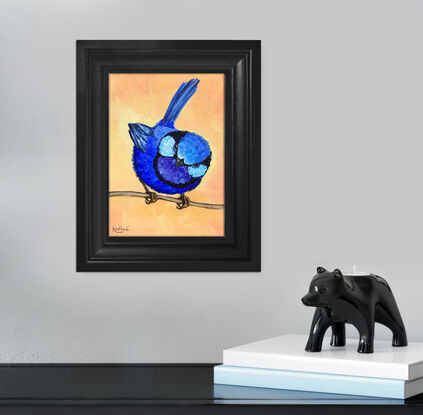 Splendid Fairy Wren bird original painting by Irina Redine. Australian bird small artwork framed and ready to hang, gift idea