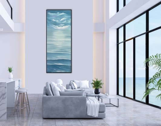 Large vertical painting looking out to a horizon over a large ocean and a large sky of purple, navy and white clouds