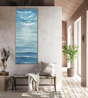 Large vertical painting looking out to a horizon over a large ocean and a large sky of purple, navy and white clouds