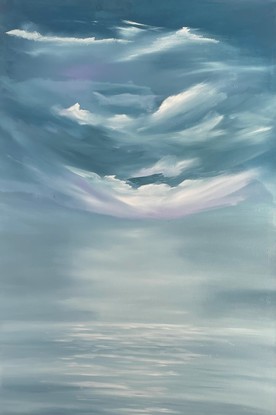 Large vertical painting looking out to a horizon over a large ocean and a large sky of purple, navy and white clouds