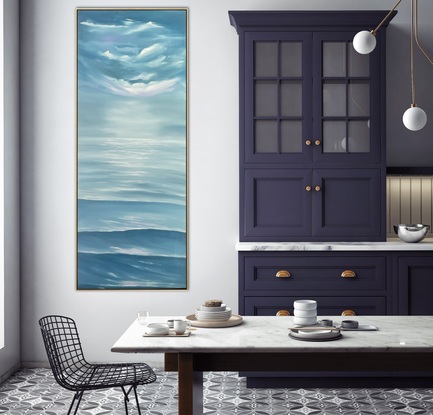 Large vertical painting looking out to a horizon over a large ocean and a large sky of purple, navy and white clouds