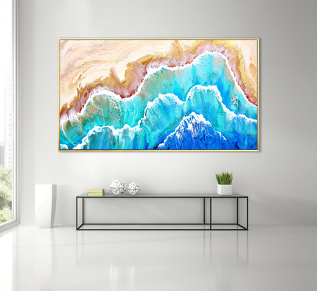 ABSTRACT painting that gives the impression of soothing ocean waves lapping in to soft sandy beach with slow easy waves creating crests of whie..  The intricate mosaic pattern within the tonal blue hues and the glimmering metallics adds added interest and intrigue.
The closer you get to the painting the more of the interesting details and patterns you can see. Metallics add an extra depth because the painting changes personality when one views from different angles.
although it is an impressionistic abstract, it still has a sense of motion of waves moving and frothing white