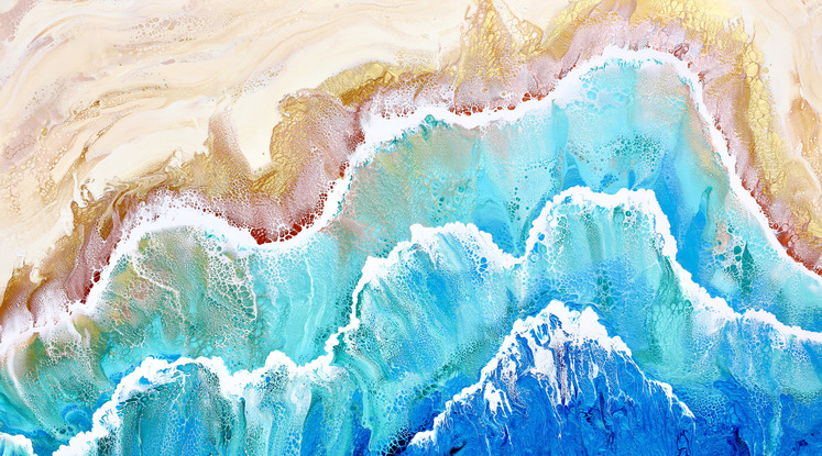 ABSTRACT painting that gives the impression of soothing ocean waves lapping in to soft sandy beach with slow easy waves creating crests of whie..  The intricate mosaic pattern within the tonal blue hues and the glimmering metallics adds added interest and intrigue.
The closer you get to the painting the more of the interesting details and patterns you can see. Metallics add an extra depth because the painting changes personality when one views from different angles.
although it is an impressionistic abstract, it still has a sense of motion of waves moving and frothing white