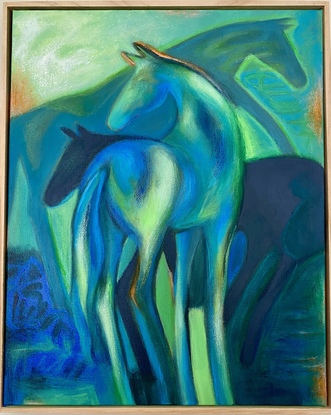 A young horse stands silhouetted against a backdrop of a herd, blues and greens of nature highlights. An abstract contemporary style playing on my obsessive compulsion to examine, admire and deregulate a horse’s shape 