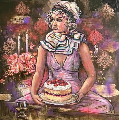 Moody Parisian style portrait of a woman with candles,  cake and brandy.