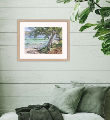 Watercolour painting of  the boat ramp at Bendalong Boat Harbour Beach, which is shadowed by the trees on the grassy area, the rocks around the corner and two ishing stations and 4 stingrays in the water.