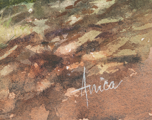 Watercolour painting of  the boat ramp at Bendalong Boat Harbour Beach, which is shadowed by the trees on the grassy area, the rocks around the corner and two ishing stations and 4 stingrays in the water.