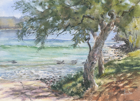 Watercolour painting of  the boat ramp at Bendalong Boat Harbour Beach, which is shadowed by the trees on the grassy area, the rocks around the corner and two ishing stations and 4 stingrays in the water.