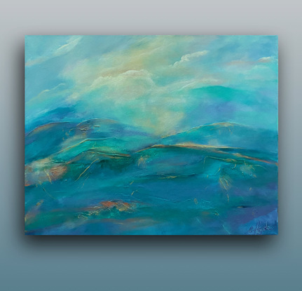 Impressionist landscape painting on canvas of the Blue Mountains of New South Wales
A textured acrylic painting in soft blues, turquoise, green and yellow with metallic highlights