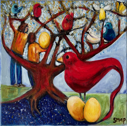 A family tree full of colourful characters, some in bird form. 