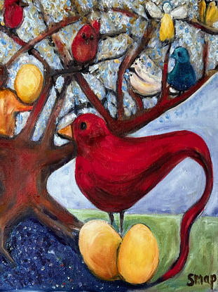 A family tree full of colourful characters, some in bird form. 