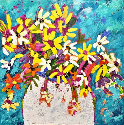 Beach House Bouquet by Caron Dawes, from Art By Caron.  Mixed media on canvas.  Pots Series