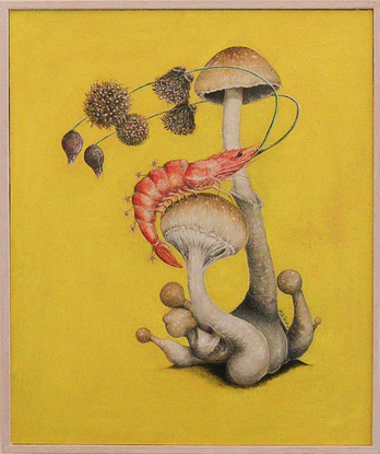 A composition of floral prawn with mushrooms and garlic flower with a bright background.