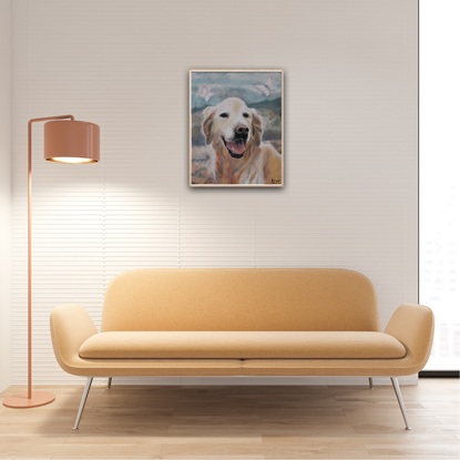 A happy Golden Retriever with fur flowing, sunny landscape as the backdrop.