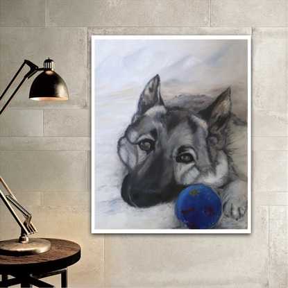 A dog sitting down, looking soulfully into your eyes with a blue ball by his side. Mountains in the background.