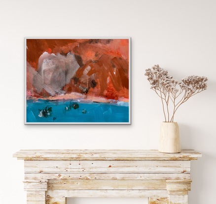 I am in love with the intensity of the colours of the Pilbara.  The richness of its red, orange, white and rust interiors with the stunning blues of the coast and secret water holes. There is a magic about it and it is mesmerizing in its simplicity and depth of colour. Im loving the bold strokes in this work with the stunning rusts and reds of the rocks framed against the crystal blue of the  water and mangroves. Its  an intensity that burns itself into your mind. Its unforgettable and so stunningly beautiful.  I have painted this smaller work for a collector who wants a piece of the Pilbara in a size for that awkward smaller space.  Don’t be fooled it’s still packs a  punch with a strong visual and will look amazing in that special spot.

The canvas is a one off original piece and comes with d rings and wire ready to hang. The piece is unframed. Sides are are painted in a crisp white to set off the artwork. The work is created in acrylic with a touch of pastel and pencil. All work has been sealed and varnished for protection.