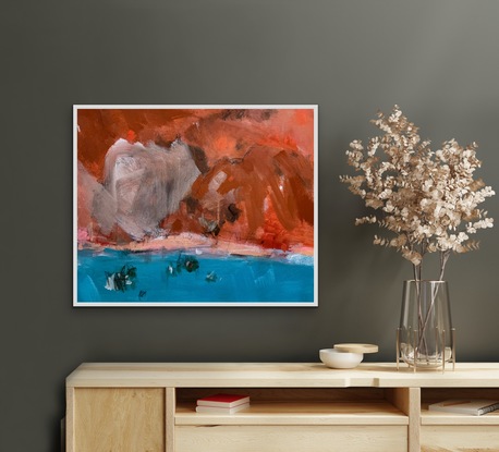 I am in love with the intensity of the colours of the Pilbara.  The richness of its red, orange, white and rust interiors with the stunning blues of the coast and secret water holes. There is a magic about it and it is mesmerizing in its simplicity and depth of colour. Im loving the bold strokes in this work with the stunning rusts and reds of the rocks framed against the crystal blue of the  water and mangroves. Its  an intensity that burns itself into your mind. Its unforgettable and so stunningly beautiful.  I have painted this smaller work for a collector who wants a piece of the Pilbara in a size for that awkward smaller space.  Don’t be fooled it’s still packs a  punch with a strong visual and will look amazing in that special spot.

The canvas is a one off original piece and comes with d rings and wire ready to hang. The piece is unframed. Sides are are painted in a crisp white to set off the artwork. The work is created in acrylic with a touch of pastel and pencil. All work has been sealed and varnished for protection.