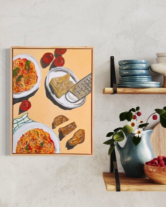 
In this painting : 
Two plates of Tomato Basil  pasta, Parmesan 🧀 Cheese with cheese grater, sliced bread, tomatoes, tea towel on the side.