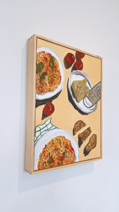 
In this painting : 
Two plates of Tomato Basil  pasta, Parmesan 🧀 Cheese with cheese grater, sliced bread, tomatoes, tea towel on the side.