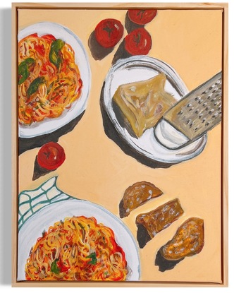 
In this painting : 
Two plates of Tomato Basil  pasta, Parmesan 🧀 Cheese with cheese grater, sliced bread, tomatoes, tea towel on the side.