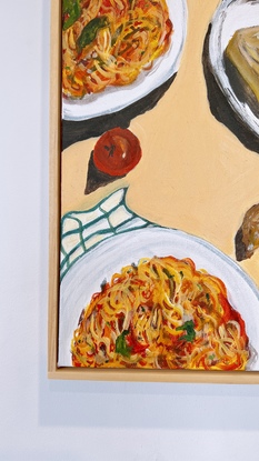 
In this painting : 
Two plates of Tomato Basil  pasta, Parmesan 🧀 Cheese with cheese grater, sliced bread, tomatoes, tea towel on the side.