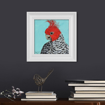 Gang-gang cockatoo portrait on turquoise background original painting by Irina Redine. Australian bird small artwork framed and ready to hang, gift idea