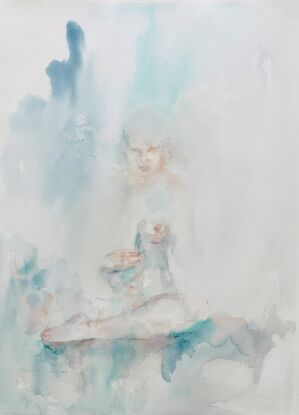 A fading body, seated in the meditation state with soft watercolour painting.