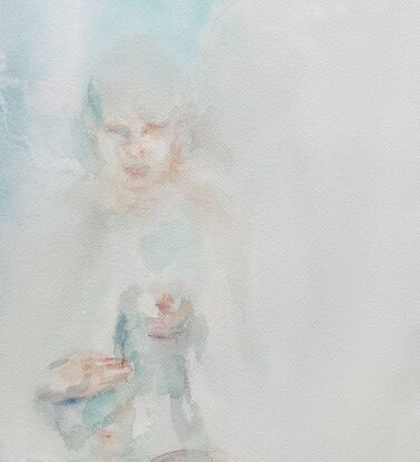 A fading body, seated in the meditation state with soft watercolour painting.