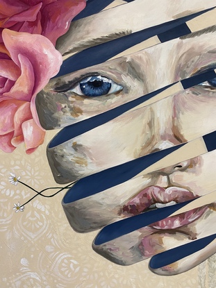 Artwork is of female face that is painted like an entertaining ribbon. The ribbon has now end and is limitless. The ribbon face is surrounded by flowers.