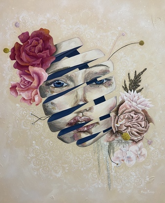 Artwork is of female face that is painted like an entertaining ribbon. The ribbon has now end and is limitless. The ribbon face is surrounded by flowers.