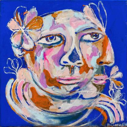 Multi-faceted figure with flowers and cobalt blue background 